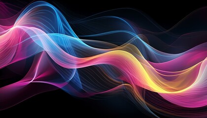 Naklejka premium IIntricately flowing pink blue yellow waves on black background. Smooth curvy shape fluid background. Transparent smooth wave. Colored smoke whiffs and swirls. AI generative