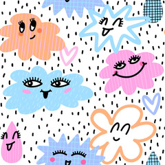 Seamless patterns featuring cheerful clouds. Cute print on white background.  Creative texture for fabric, wrapping, textile, wallpaper, apparel. Vector illustration for little kids girl
