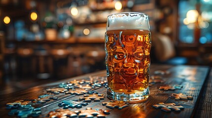 Beer and puzzles Beer glass with a jigsaw puzzle in progress in the background
