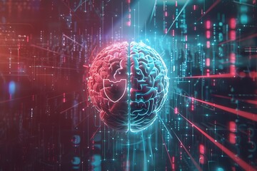 a human brain juxtaposed with a holographic AI brain, both connected by a stream of light, with a shield symbol indicating protection on one side and abstract light rays indicating benefits on the oth