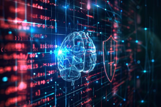 a human brain juxtaposed with a holographic AI brain, both connected by a stream of light, with a shield symbol indicating protection on one side and abstract light rays indicating benefits on the oth