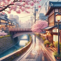 Japanese street with cherry blossoms, river and bridge