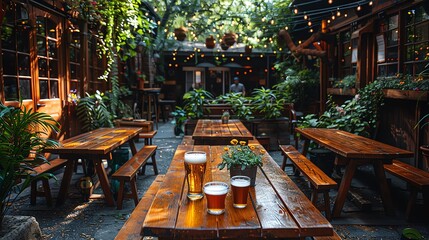 Beer garden Outdoor beer garden with handcrafted wooden tables