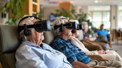 Group of elderly people in a modern healthcare facility,wearing VR headsets and participating in a virtual therapy session.