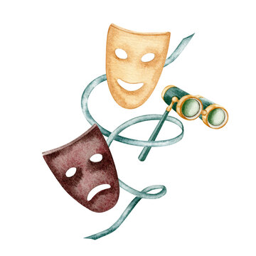 theater masks, binoculars watercolor art clip art preview
