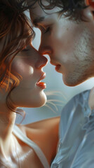 Fototapeta premium handsome man and beautiful woman are kissing each other's lips
