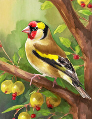 Goldfinch Sitting In A Tree Scouting For Food Water Paint On Canvas Style 300PPI High Resolution Image Suitable For Wall Art And Poster Print And Other Art Productions