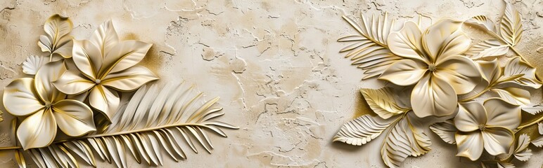 Gold floral plants and palm leaves Wallpaper Mural, 3d illustration, grey background, abstract tropical leaves, banana leaves with 3d lines. AI generated illustration
