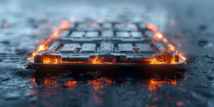 Electric car lithium battery fire from thermal runaway due to damage or overcharging. Concept Electric Vehicles, Lithium Battery Fires, Thermal Runaway, Overcharging, Safety Measures