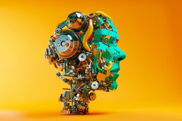 Futuristic robot head against vibrant orange backdrop with AI slogan. Bold colors of yellow, green, and blue highlight intricate mechanics.