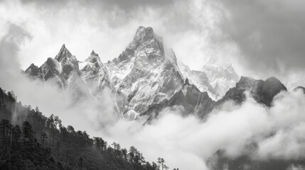 Dramatic clouds surround jagged peaks, resembling a tiger's stripes - a silent yet formidable force of nature.