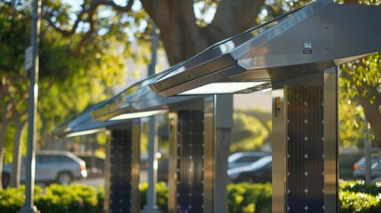 Fototapeta premium A closeup of the solar panels on top of the charging station glistening in the sunlight.