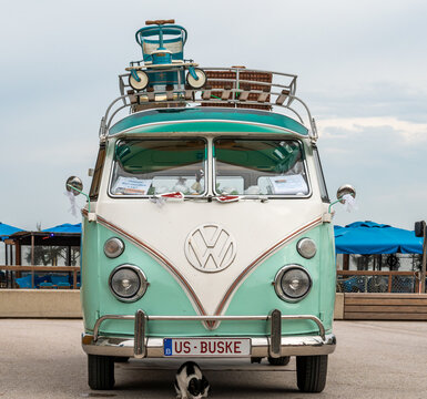 Scheveningen, The Netherlands, 26.05.2024, Front view of the vintage, mint green VW kombi at The Aircooled classic car show
