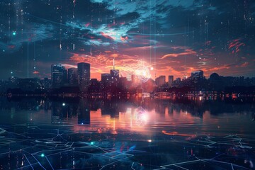 Obraz premium city, new technologies, city of the future, technologically advanced, neural network, trends on pixabay, packaging cover, geometric background; LED, Backlit Photo Sample, Beautiful Lake Background, Ea