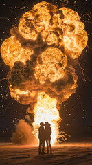 A couple is kissing in front of a huge explosion, explosion of love