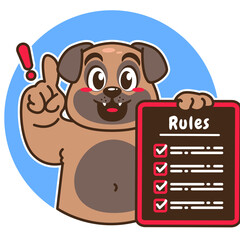 A cartoon pug carrying a rule board
