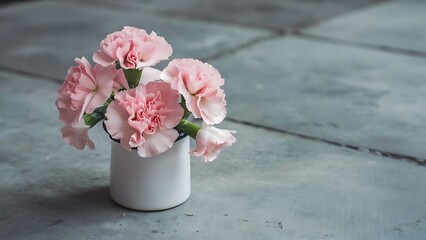 Small tender pink carnation flowers in enamel vase on gray concrete horizontal flat lay