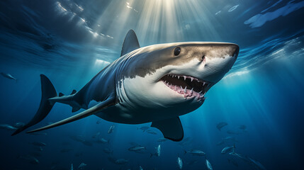 Fototapeta premium Majestic Great White Shark in Sunlit Ocean Depths