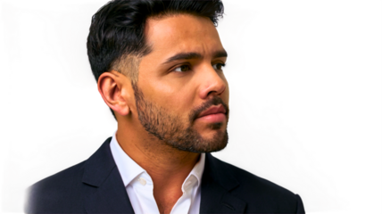 A man in his thirties, with styled hair and wearing a suit.