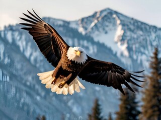 Obraz premium Majestic Bald Eagle Soaring. A powerful bald eagle with outstretched wings soars through a clear blue sky, with snow-capped mountains in the background.