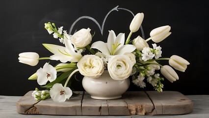 Beautiful bouquet of white flowers in a vase on an old wooden board on a black chalkboard background