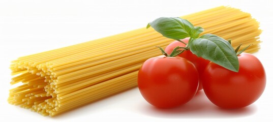 Individual portion of spaghetti with fresh tomatoes and basil on white background