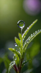 A close-up of a single drop of dew on a blade of grass, shot with a macro lens to highlight the intricate detail and freshness.