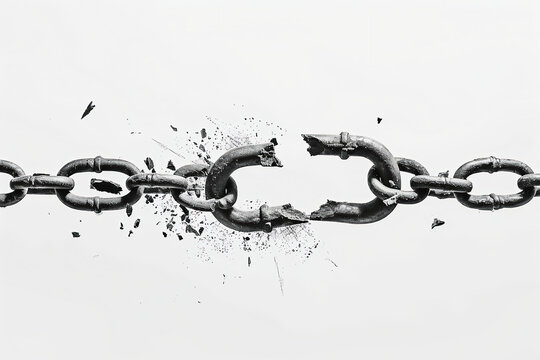 Black and white broken chain on white background, symbol of freedom to strength concept, high resolution