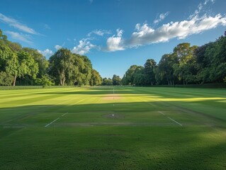Naklejka premium Pristine cricket pitch under a bright blue sky