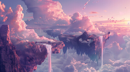 surreal digital artwork featuring a dreamlike landscape with floating mountains, cascading waterfalls in the sky, and fantastical creatures. 
