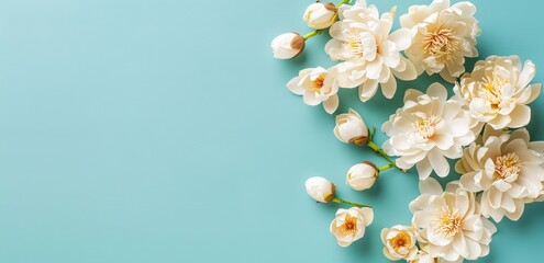 A blue background with some white flowers on it
