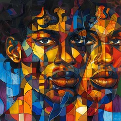 Obraz premium This abstract portrait of a Black man for Black History Month showcases bold geometric shapes symbolizing strength and unity, with a vibrant color palette