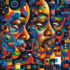 Obraz premium This abstract portrait of a Black man for Black History Month showcases bold geometric shapes symbolizing strength and unity, with a vibrant color palette