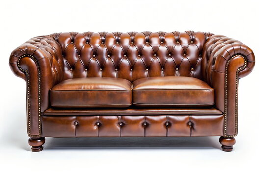 luxury classic antique sofa brown lether on white background isolated.