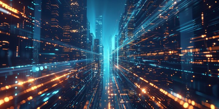 a blue background with blue lights and lines, in the style of futuristic cityscapes, 8k resolution, transportcore, light bronze and teal, perspective rendering, webcore, redshift 