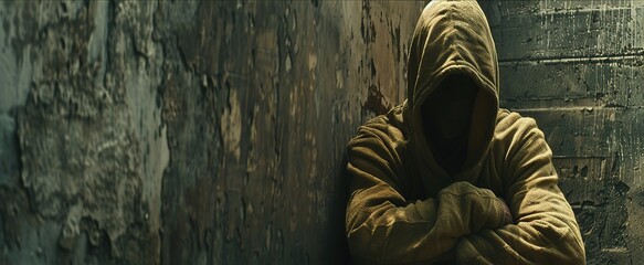 A man wearing a worn hoodie against a textured worn wall background