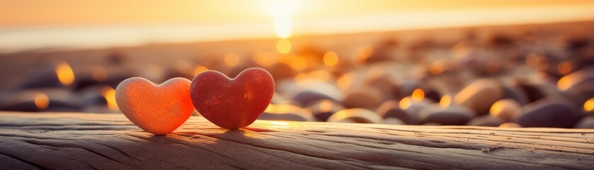 Fototapeta premium Two stone hearts (heart - shaped pebbles) on a wooden walkway of a beach at sunset 