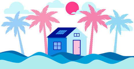 Tropical beach, seashore, water landscape. Beach house, bungalow house. Ecological vacation. Summer vacation and travel concept. Flat vector illustration.