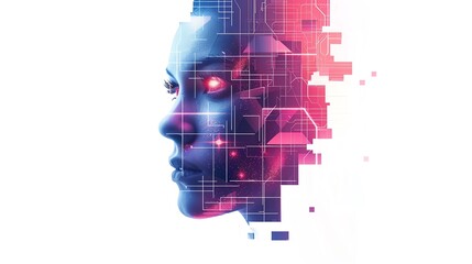 Abstract portrait of a woman with digital elements, representing artificial intelligence and technology.