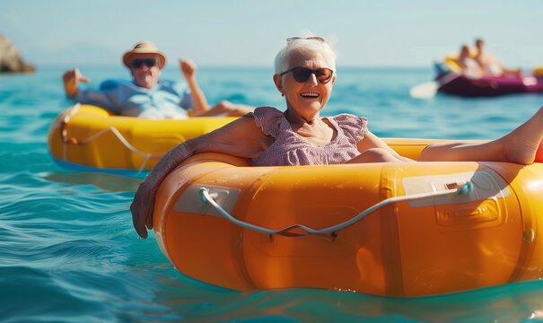 joyful senior couple enjoying a sunny day on the sea, floating in inflatable rings with sunglasses