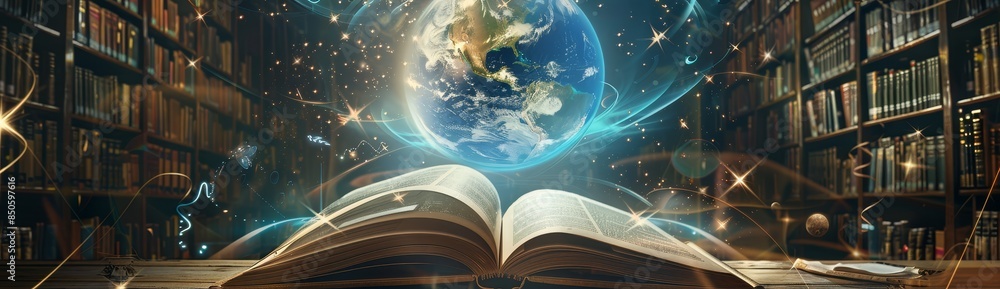 Poster mystical earth hologram emanating from book - magical representation of a glowing earth rising from 