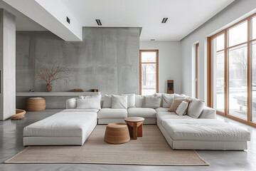 A spacious living room featuring minimalist design with functional furniture in soft grays, abundant natural light, and polished concrete accents, creating a calm and uncluttered atmosphere.