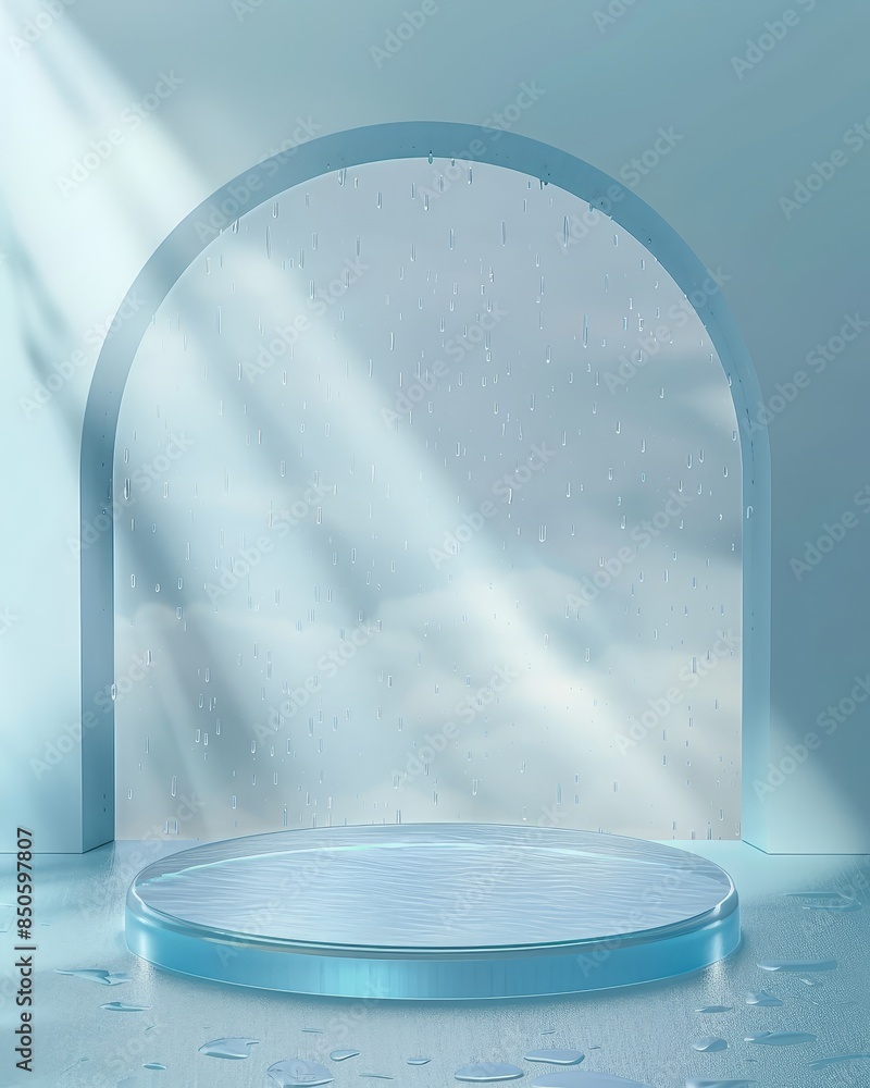 Poster artistic rain on window in minimalist space - stylized 3d- arched window with rainfall texture in a 