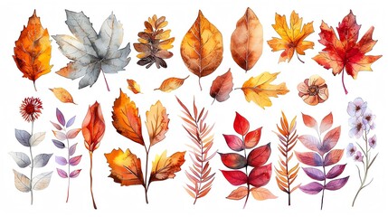 Watercolor autumn leaves and branches clipart set. Perfect for fall decor, invitations, and more.