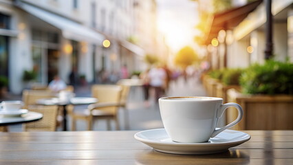 Fototapeta premium Coffee cup mockup blank on wooden table on blured street cafe background banner . Copy space. Branding mock up template .