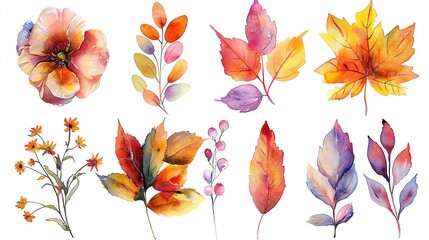 Fototapeta premium Watercolor autumn leaves and flower elements for design.