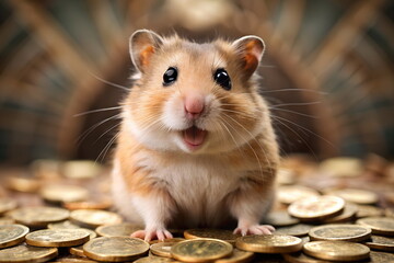 Happy surprised hamster and lot of golden coins money around it.