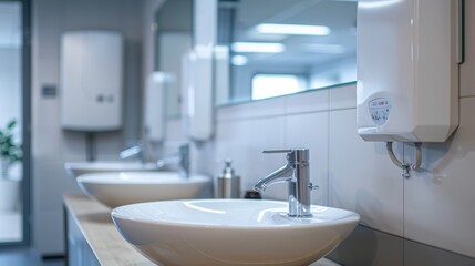 Water heater in a modern bathroom with mirror and washbasin sink