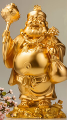 Fototapeta premium Elaborate golden deity statue with peach blossoms - This elaborate golden deity statue is surrounded by peach blossoms, symbolizing prosperity and good fortune