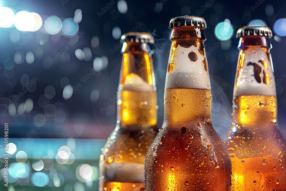 Poster Frosty Beer Bottles with Football Stadium Lights